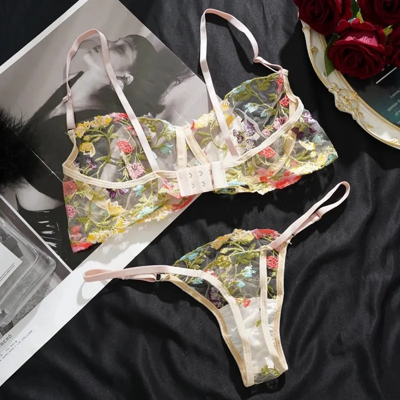 Women's New Sexy Embroidered Floral Lingerie Set Single-Layer Underwire Bra Thong Pants Hollow Transparent Out Lingerie Set