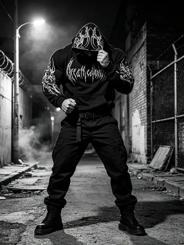 Men Alt Gothic Pullover Hoodie Y2k High Street American Style Dark Thorn Print Fleece Lined Loose Biker Fall Winter Sweatshirt