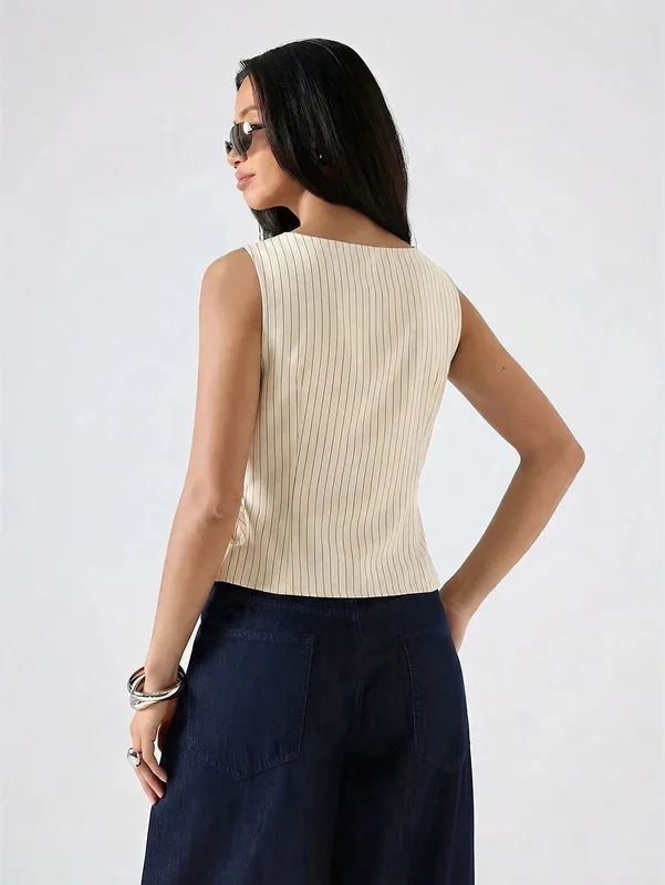 Women's Elegant Stripe Printing Slim Fit Side Tie-Strap Pleating Sleeveless Top Casual Asymmetry Hem Boat Tank Top Summer 2026 — image 2
