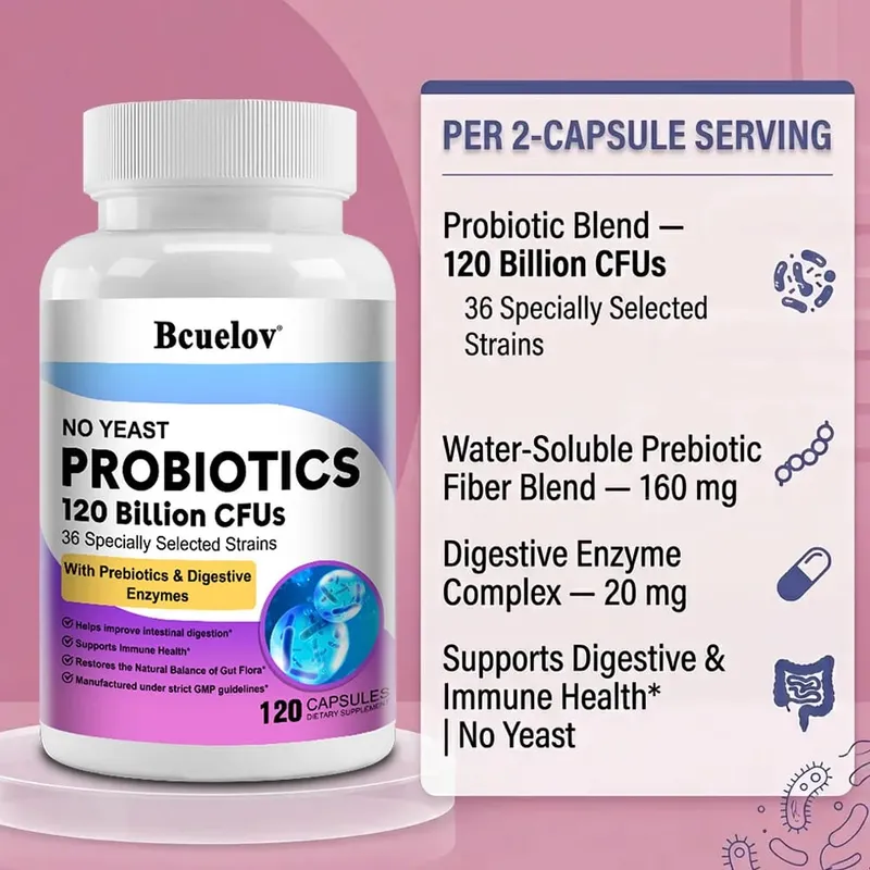 Probiotics 120 Billion CFU 36 Strains + Prebiotics + Digestive Enzymes Gut Digestion & Immune System Support Regulates Mood — image 4