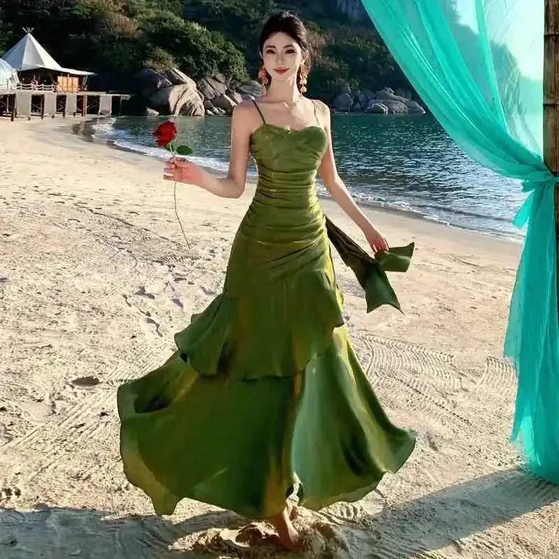 Blue Mermaid Style Birthday Dress with Lace Trim Strapless Gown Adult Ceremony Dress Long Ankle Length V-neckline No-sleeve — image 8