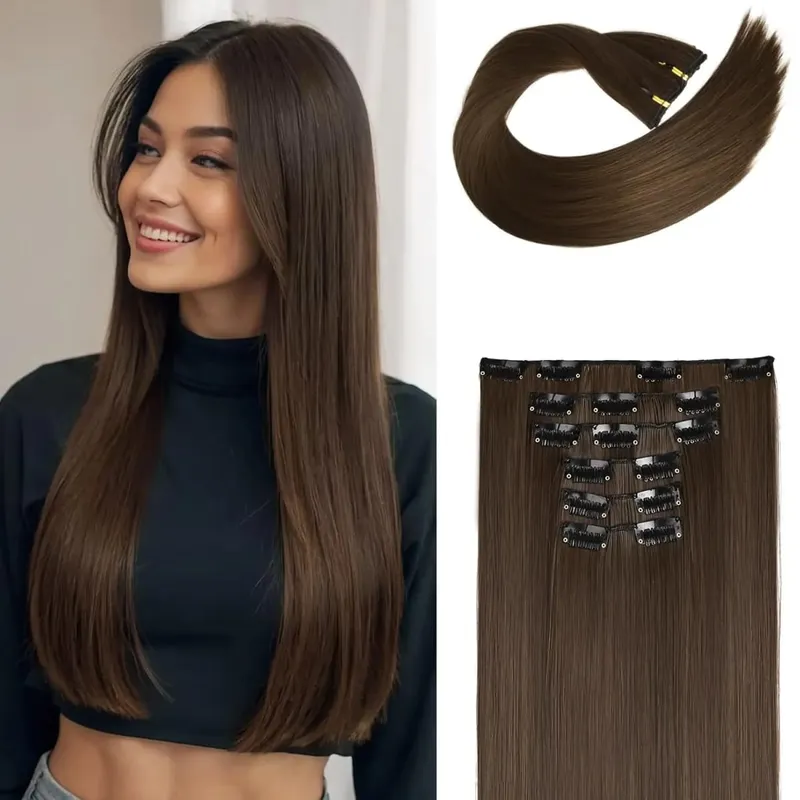 6Pieces/Set Clips in Hair Extensions 24 Inch Synthetic Long Straight Extensions for Women Hairpiece — image 3