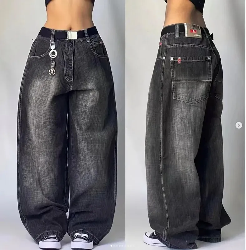 Fashion Gothic New Black Solid Color Washed Old Casual Jeans Men Y2K Street Cloth Vintage Popular High Waist Loose Wide Leg Pant
