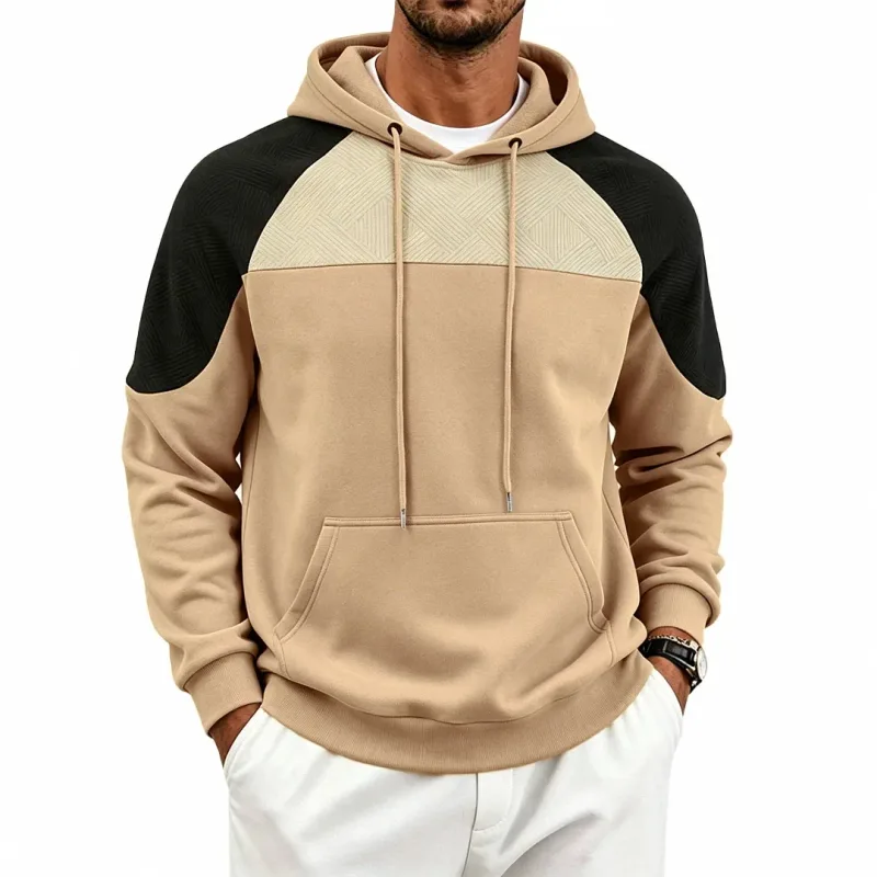 Autumn Winter Men Color Block Raglan Hoodie Textured Chest Panel Drawstring Kangaroo Pocket Loose Casual Streetwear Sweatshirt — image 16
