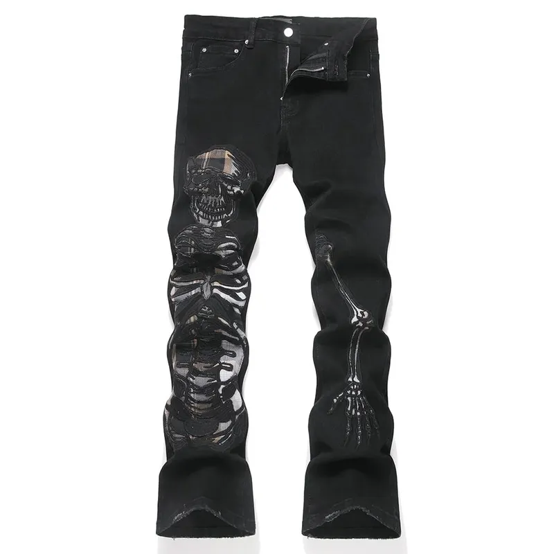 Men Skull Stretch Denim Jeans Punk Black Slim Boot Cut Pants Streetwear Devil Embroidery Patch Flared Trousers