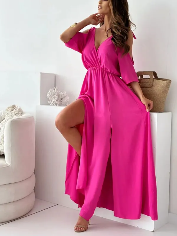 Zomer V-hals Rok Split Jurk Off-shoulder Mouwen Sexy Spaghetti Band Jurk Mode Elegante Losse Strand Jurken Gewaad femme