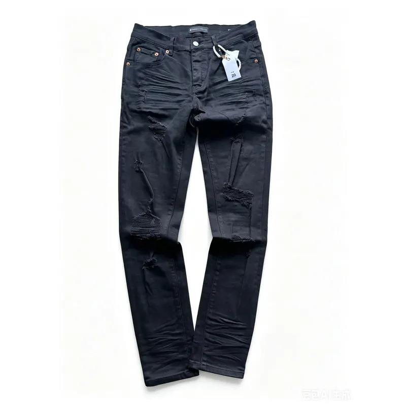 Men's High Street American Fashion Style Jeans Distressed Black Damaged Holes Stretch Skinny Button Fly Ripped Jeans — image 3