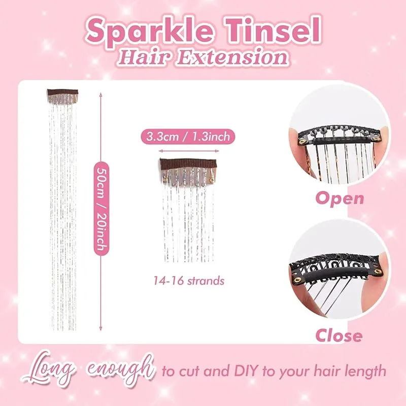 12Pcs Clip Hair Tinsel Clip in Glitter Tinsel Hair Extensions Synthetic Heat Resistant Shiny Sparkle Hair Tinsel for Women Girls — image 3