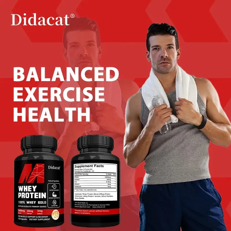 Cápsulas de proteína de soro de leite - Contém 5000 mg de proteína - Apoia a recuperação Saúde muscular equilibrada Sem glúten NÃO OGM