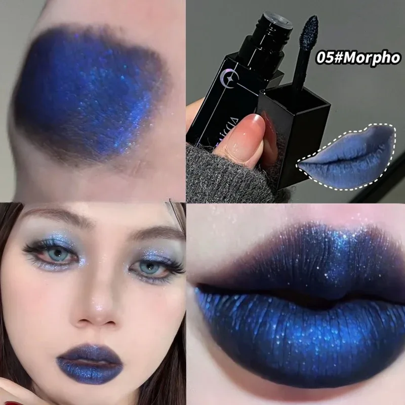 Shimmer Matte Black Red Lipstick Punk Gothic Lipgloss Halloween Makeup Mousse Lip Mud Lipstick Waterproof Non-stick Cup Lip Tint
