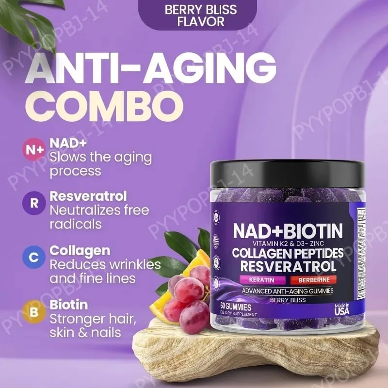 Biotin Collagen Gummies with NAD+ Resveratrol Vitamin D3 K2 Zinc Daily Beauty Wellness Supplement 60 Count Berry Flavor — image 4