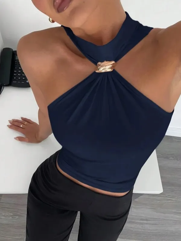 Metal Ring Decor Twist Knot Sleeveless Tank Top for Women Summer Casual Elegant Office Style Halter Neck Slim Fit Crop Top — image 12