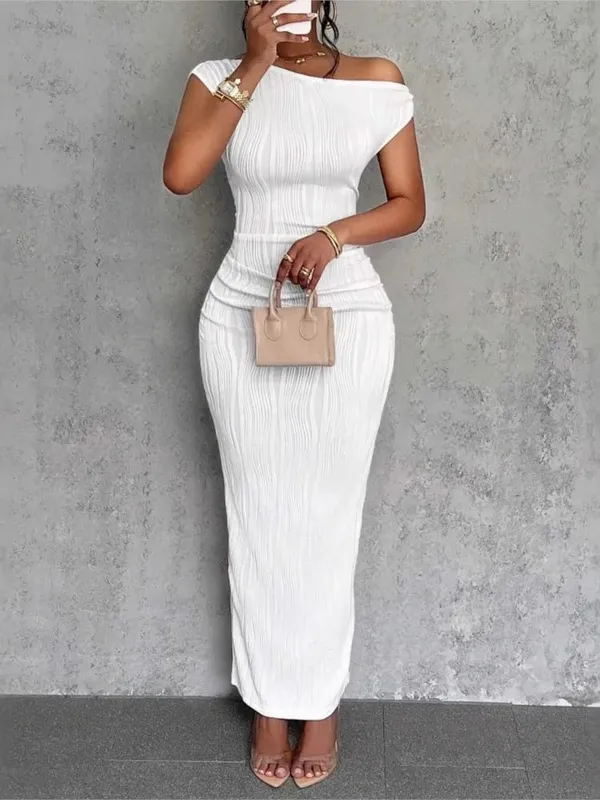 Fashion Water Ripple Slanted Shoulder Dress Pambabaeng Elegant At Simple Solid Color A-line Collar Mid-waist Sexy Hip Wrap Skirt