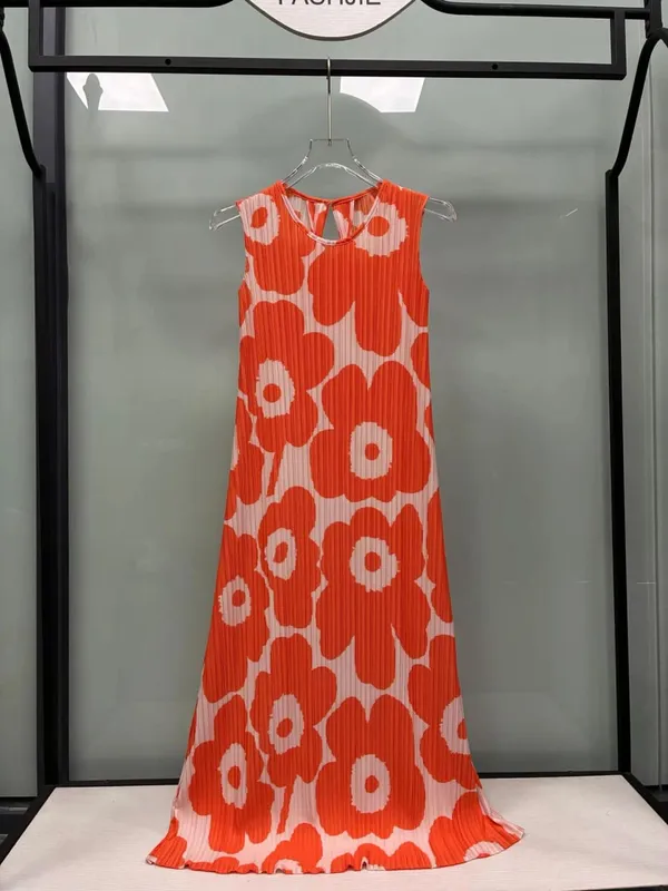 Miyake Pleated Sleeveless Dresses Plisse 2026 Summer New Loose Plus Size Fashion Casual Slimming Pleats Fold Printed Long Dress