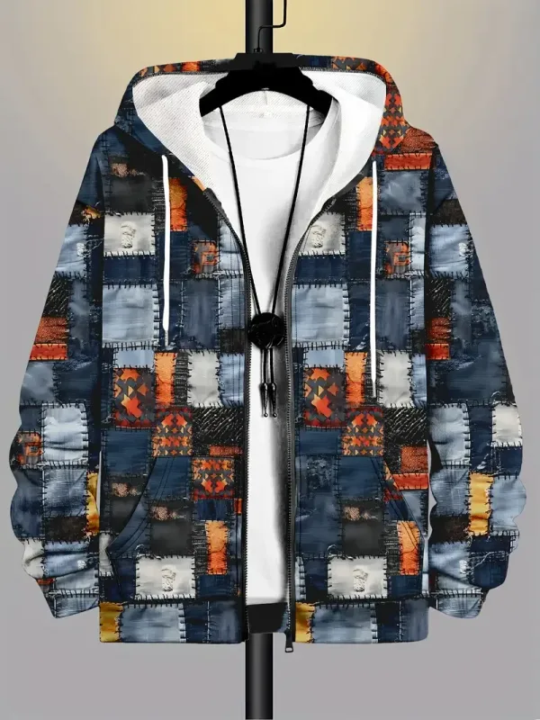 Retro Plaid Print Patchwork Zip Up Hoodie Men's Clothing Hot Style Long Sleeve Pullover Trend Streetwear Men Zip Up Hoodies