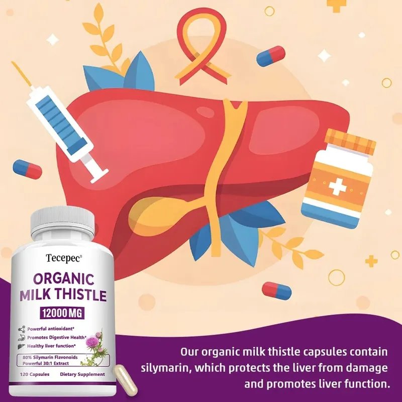 Estratto di cardo mariano biologico Capsule da 12000 mg Salute dell'apparato digerente del fegato Supporta la funzionalità epatica Antiossidante Non OGM Vegetariano — image 2