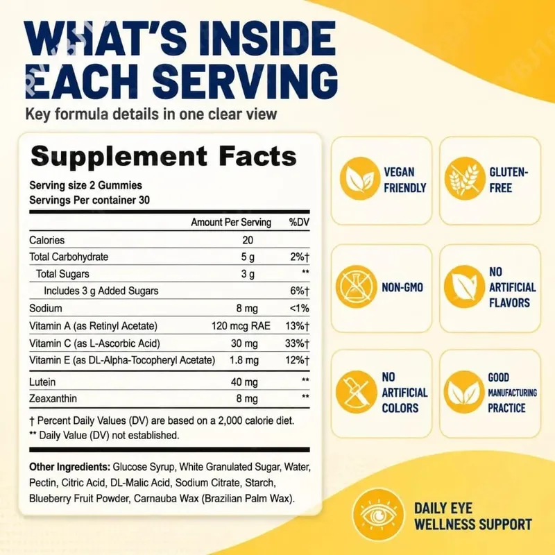 Lutein Eye Health Gummies 40mg with Zeaxanthin Vitamin A C & E Visual Support Blue Light Support & Eye Comfort Vegan 60 Count — image 3