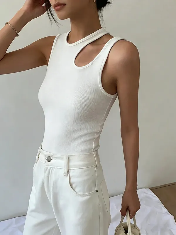 Women's White Ribbed Knit Tank Top Round Neck Cut Out Shoulder Slim Fit Sleeveless Cami Casual Vest Spring Summer Daily Outfit — image 2