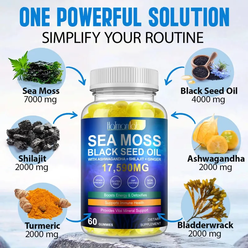 HalmanLabs Sea Moss Black Seed Oil Gummies na may Vitamin C at Vitamin D para sa Immune Health at Vital Mineral Support 60 Gummies