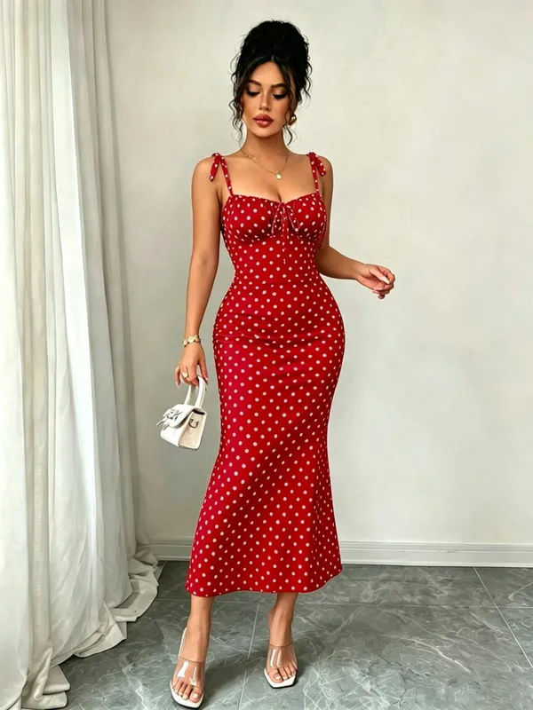 High-Elasticity Red Polka Dot Fishtail Skirt with Shoulder Straps + Chest Ruching for a Strong Waist Cinch Slim Fit Hip-Hugging Vintage Mid-Length Skirt — image 3