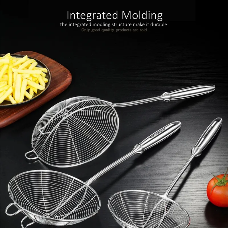 LFGB Certification 304 Stainless Steel Kitchen Cooking Colander Ultra Durable Wire Sieve 14~18cm Diameter Frying Scooping Tool — image 5