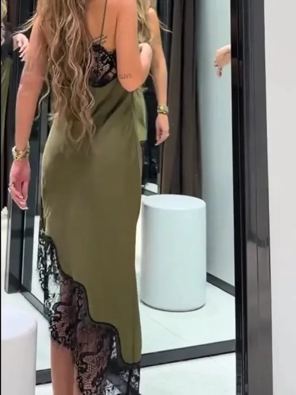 Chic Lace Patchwork Satin Camisole Klänning Ärmlös genomskinlig oregelbunden fåll Klänningar 2026 Ny fest Daglig utomhus Fritidskläder