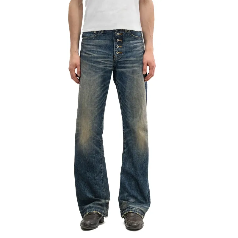 Button‑Fly Cat‑Whisker Pleated Indigo Selvedge Bootcut Jeans