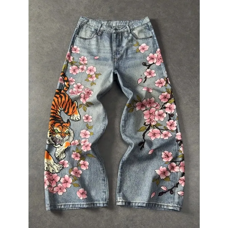 Y2K retro casual fashion high street pattern men's jeans floral tiger pattern loose high waist wide leg casual women's jeans — image 7