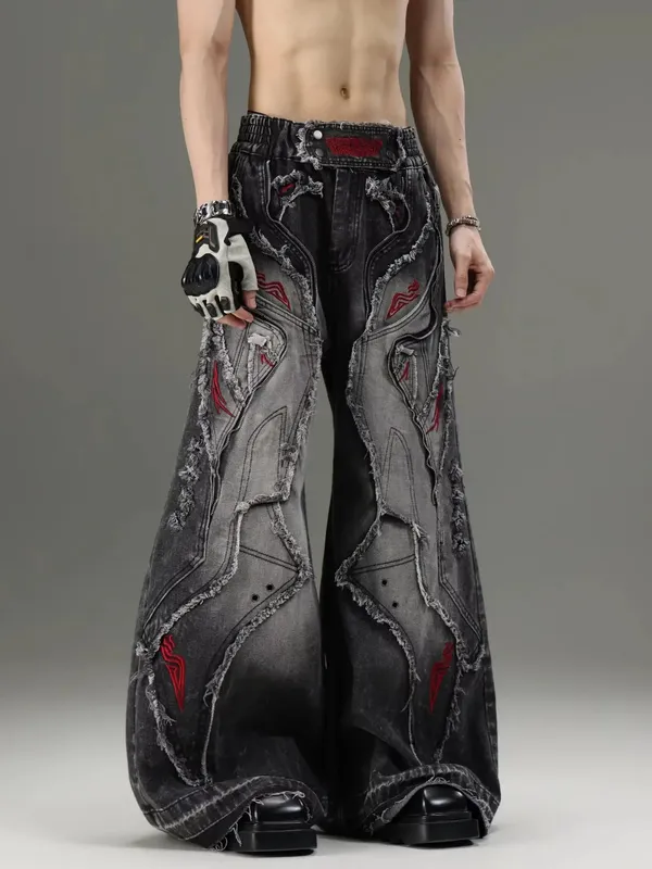 Gothic Retro Baggy Unisex Mopping Pants Y2K Phantom Jeans High Street Red Embroidered Patch Hip Hop Streetwear Straight Jeans — image 3