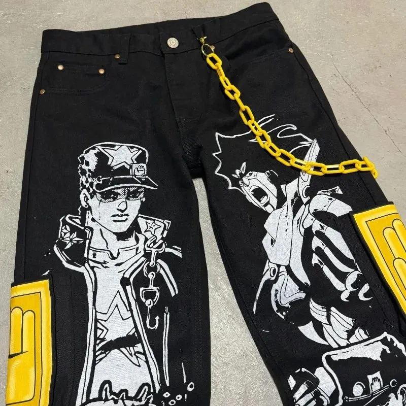 Anime Print Baggy Jeans Men Harajuku Hip Hop Black Denim Pants Streetwear Y2K Manga Graphic Wide Leg Trousers Gothic Clothes — image 6