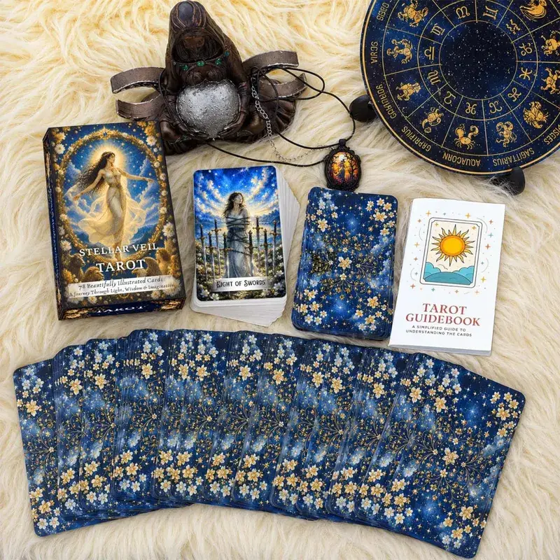 78 Tarot Cards 13x8 Cm Stellar Veil Tarot Deck Paper Manual Symbolic Designs Unique Tarot Experience Card Game — image 3