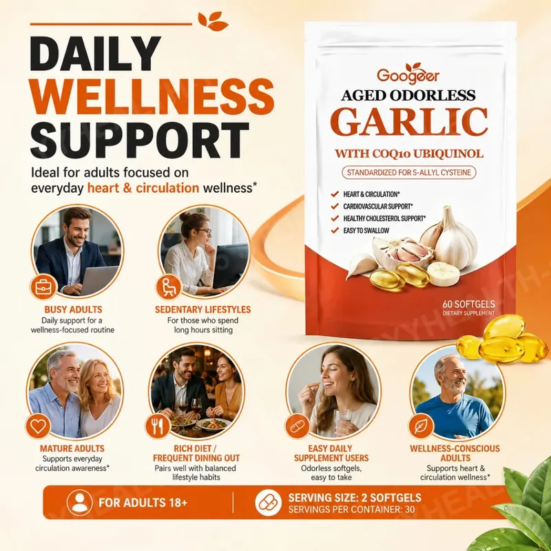 Googeer Aged Odorless Garlic Softgels with CoQ10 Ubiquinol Vitamin K2 MK-7 Heart Circulation Energy Immune Support 60 Count — image 4