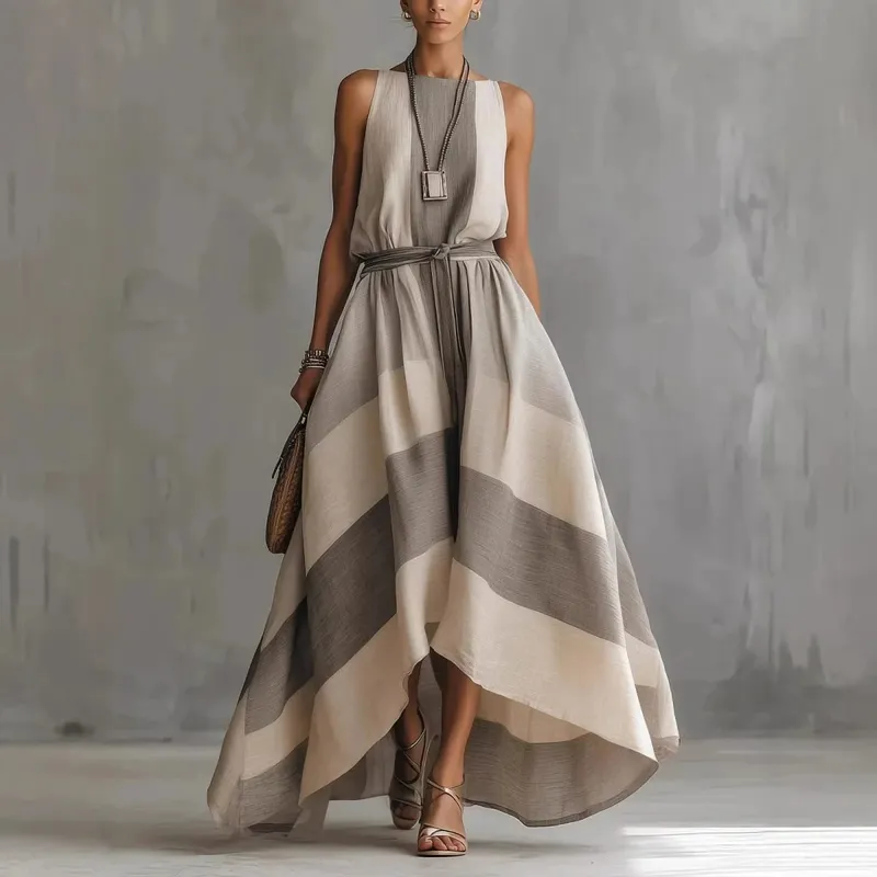 Summer New Irregular Maxi Dresses Women's Fashion O Neck Striped Sleeveless Big Hem Dress Casual Solid Loose Party Beach Dress — image 1