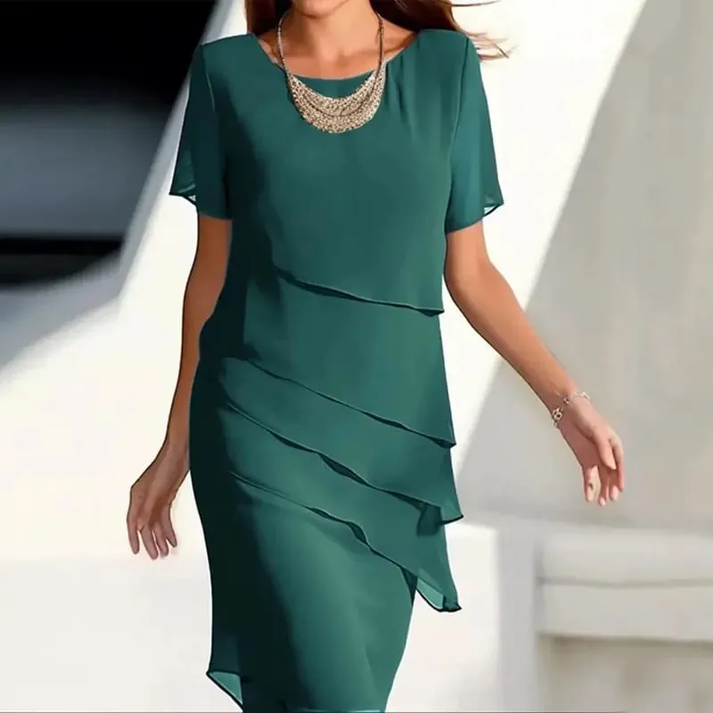 Women's Party Dress Chiffon Short Sleeve Round Neck Layered Asymmetrical Hem Formal Cocktail Dress