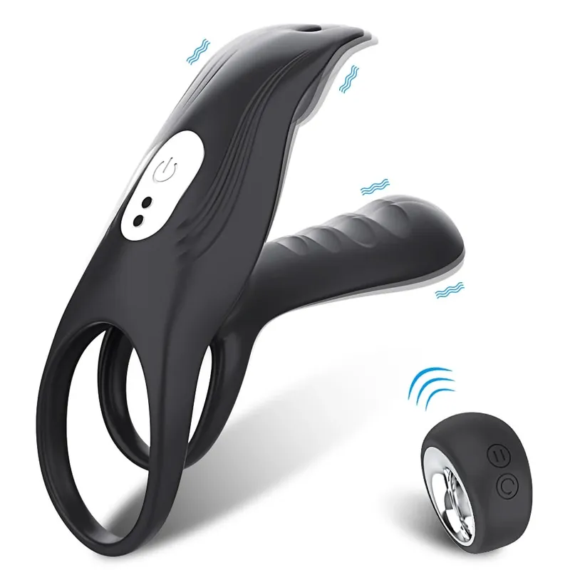 Giocattolo del sesso del vibratore dell'anello del pene telecomandato per gli uomini Tempo di ritardo Massaggiatore della prostata Rotazione di 360 ° Anelli vibranti per il pene 18+
