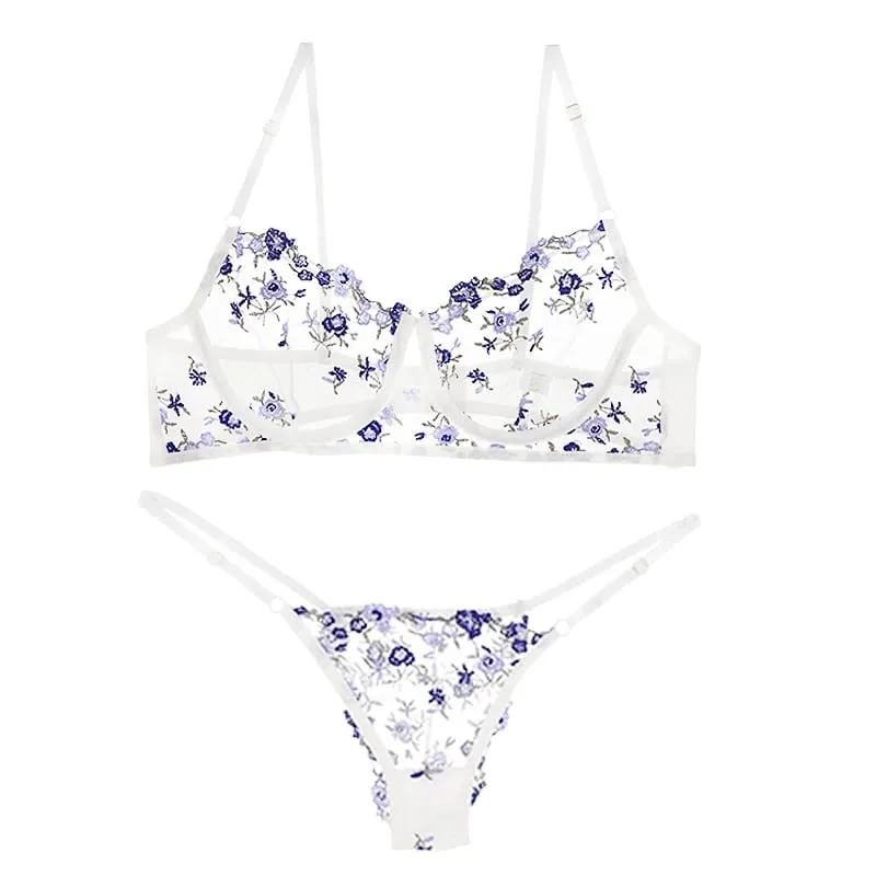 New Women Sexy Mesh Bras Suit Sweet Female French Floral Embroidery Underwear Sets Transparent Mesh Bra Panties 2Piece Lingerie — image 8