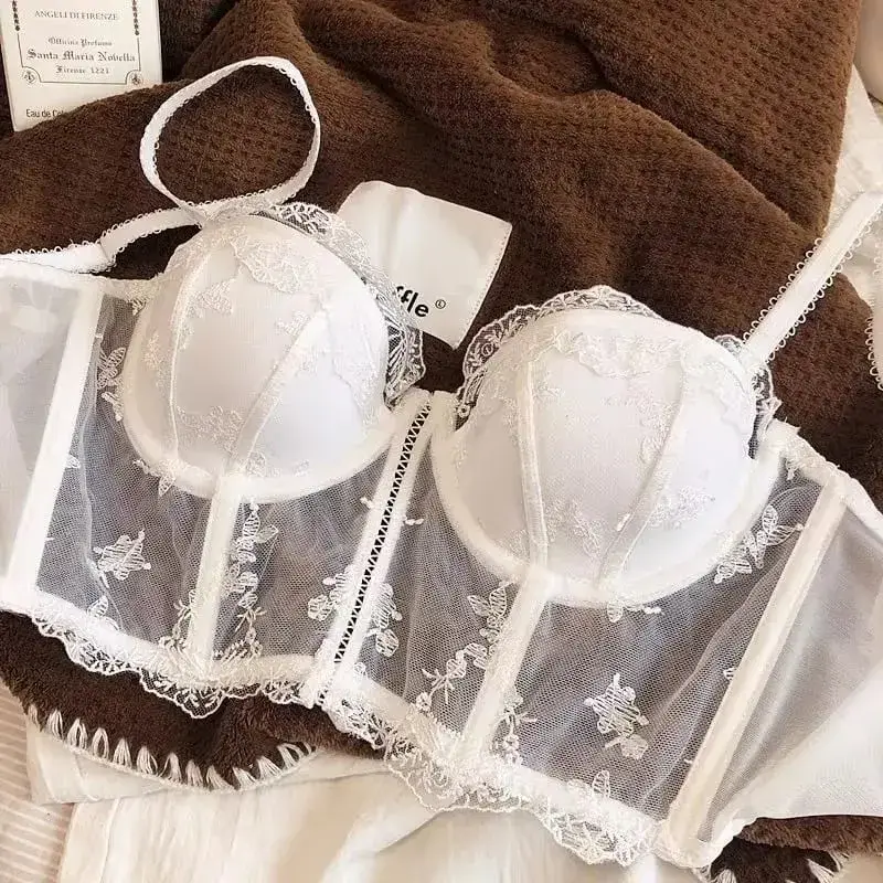 Vintage French Half Cup Embroidery Lace Longline Corset Bra Set Sexy Push‑Up Bust Support Shaping Lingerie 2Pcs Underwear Suit — image 2