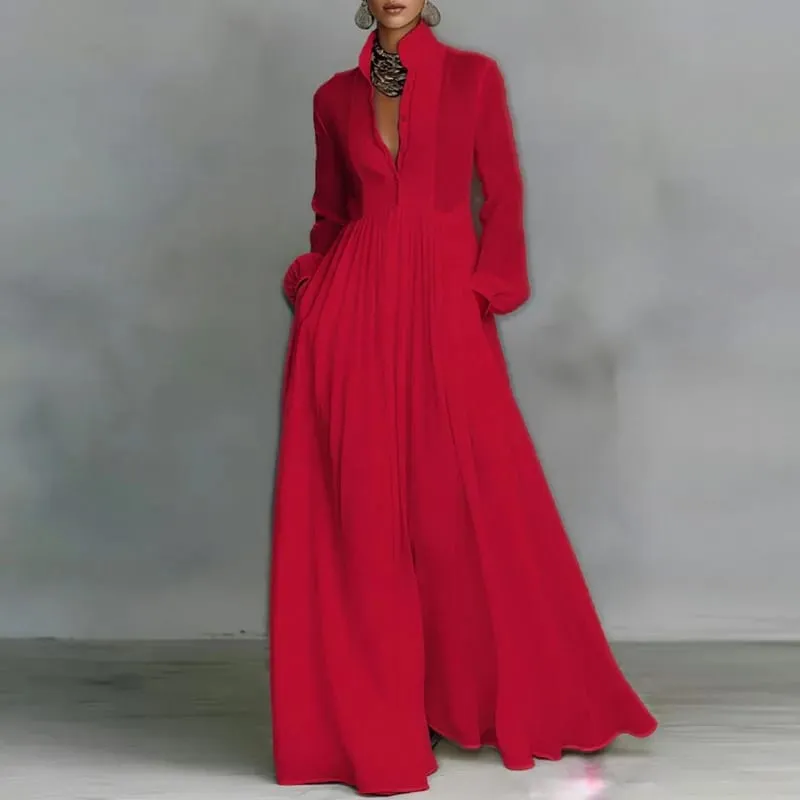 Gaun Panjang Buaian Pinggang Tinggi yang Elegan Wanita Musim Bunga Poket Pepejal Gaun Maxi Berlipat Musim Gugur Lengan Panjang Pakaian Petang — image 5
