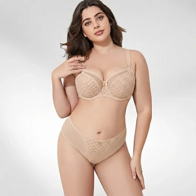 Women Curvy Plus Size Polka Dot Mesh Lace Bra Panty Set Underwire Support Full Figure Big Cup E F G H I Breathable Lingerie 2pcs — image 2