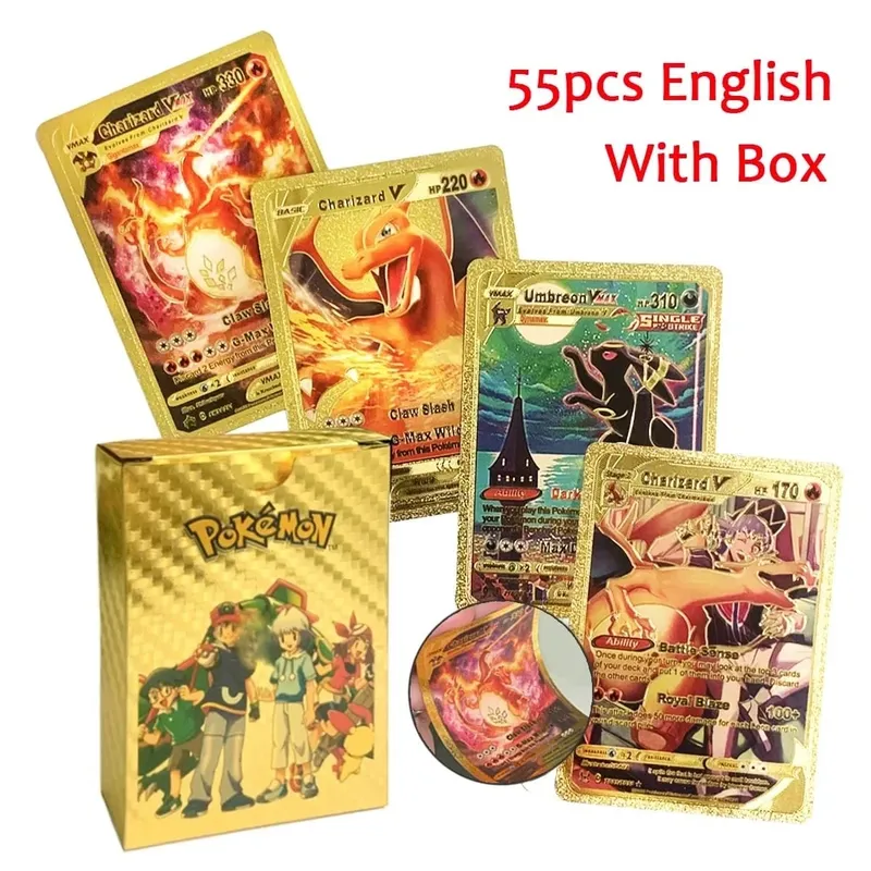 55PCSPokemon oil Cards Golden Letters English / Spanish Game Card Metalicas Charizard Vmax Gx Series Gift Gold/Silver/Black F