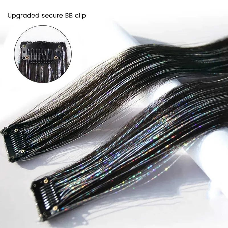Shiny Sparkle Hair Extension Clip In Hair Tinsel Glitter Fairy Hair Tinsel Kit Heat Resistant 2Pcs Hair Streak Synthetic Hair — image 4