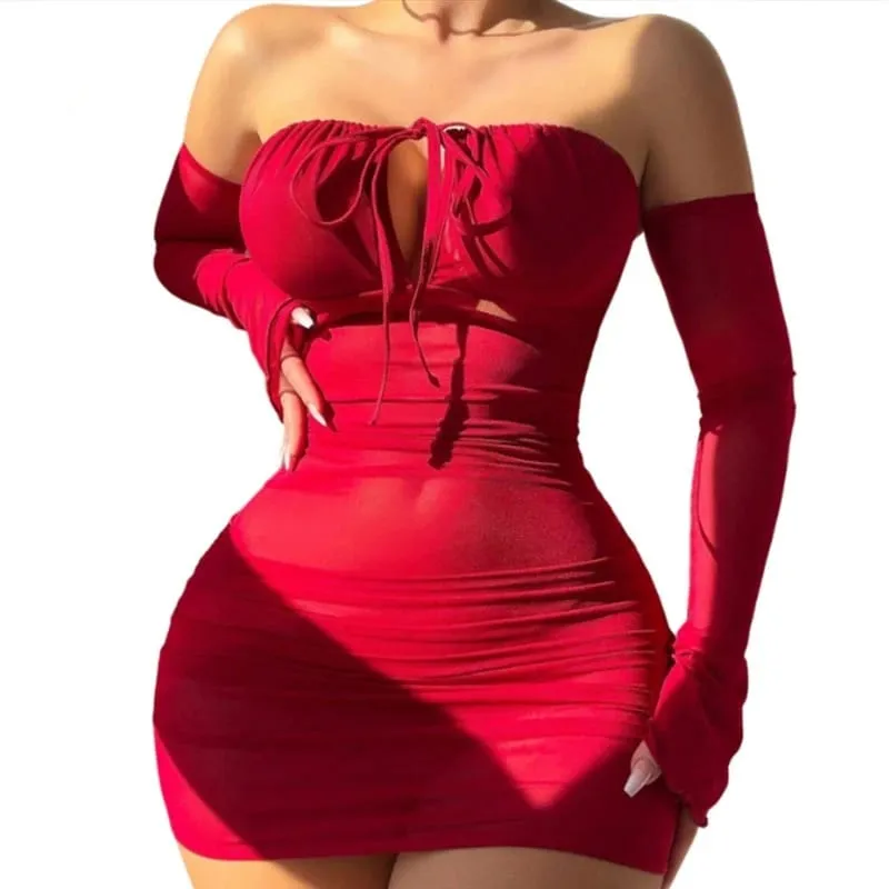 Sexy Beauty Transparent Bra Lace-Up Tight Dress With Gloves Lingerie Sets Women Off-the-shoulder Sexy Underwear Pajamas — image 1
