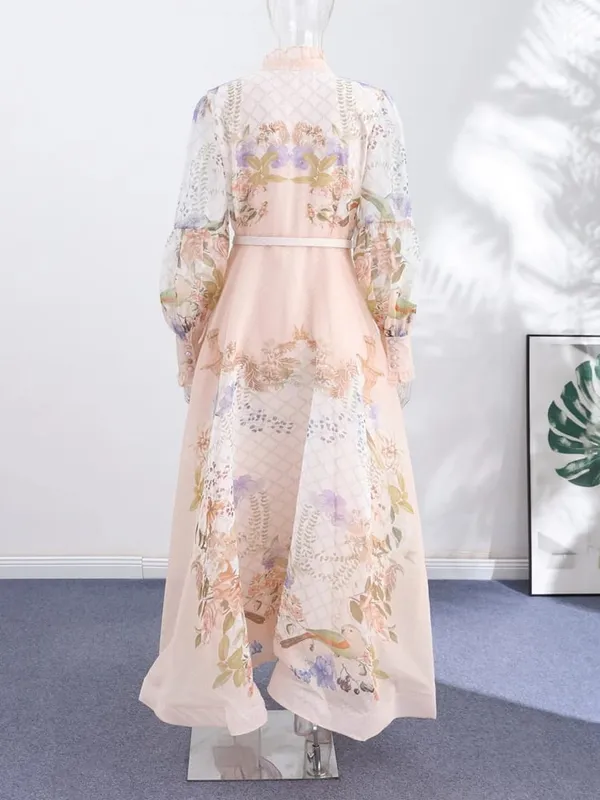 Elegant Printed Belted Maxi Dresses Women Slim Puff Sleeve Lace-up Stand Collar Dress 2026 New Ladies Summer Party Evening Grown — image 4
