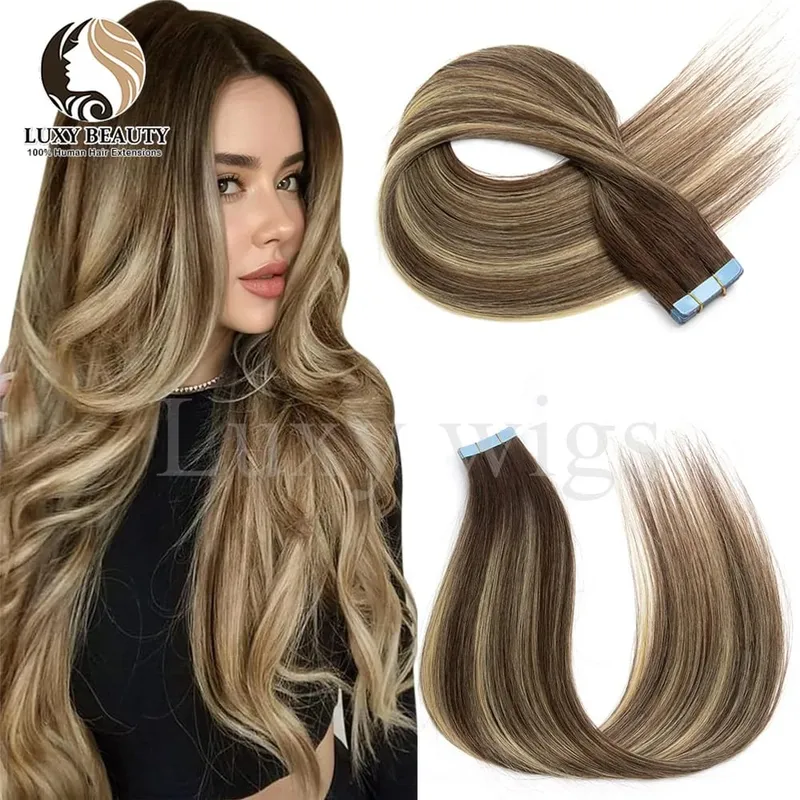 Highlights Brown Tape in Hair Extensions Human Hair Straight Black Blonde Seamless PU Skin Weft Tape In Hair Extensions 20PCS — image 9