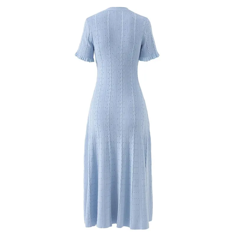 Summer Elegant Lady Knitted Single Breasted Long Dresses Women Solid Short Sleeve O Neck Button Bodycon Party Female Vestidos — image 8