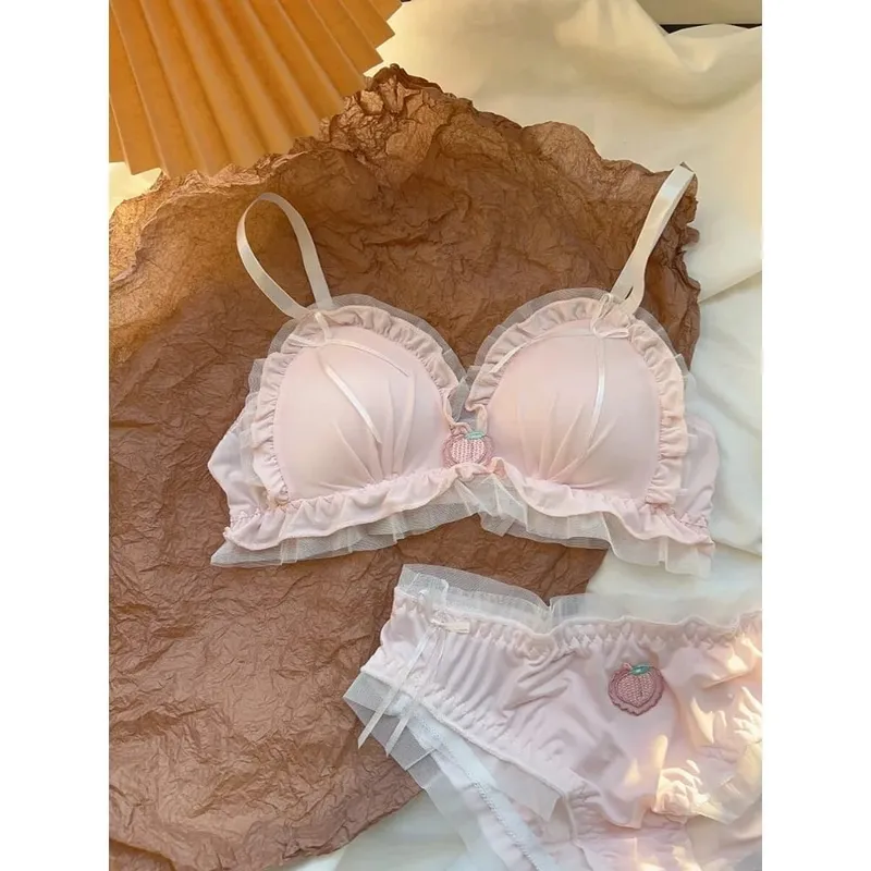 Japanese Kawaii Sweet Lingerie Set French Sheer Mesh Thin Wireless Triangle Cup Bra Panties Set Soft No Underwire 32‑38 Bra Set — image 1