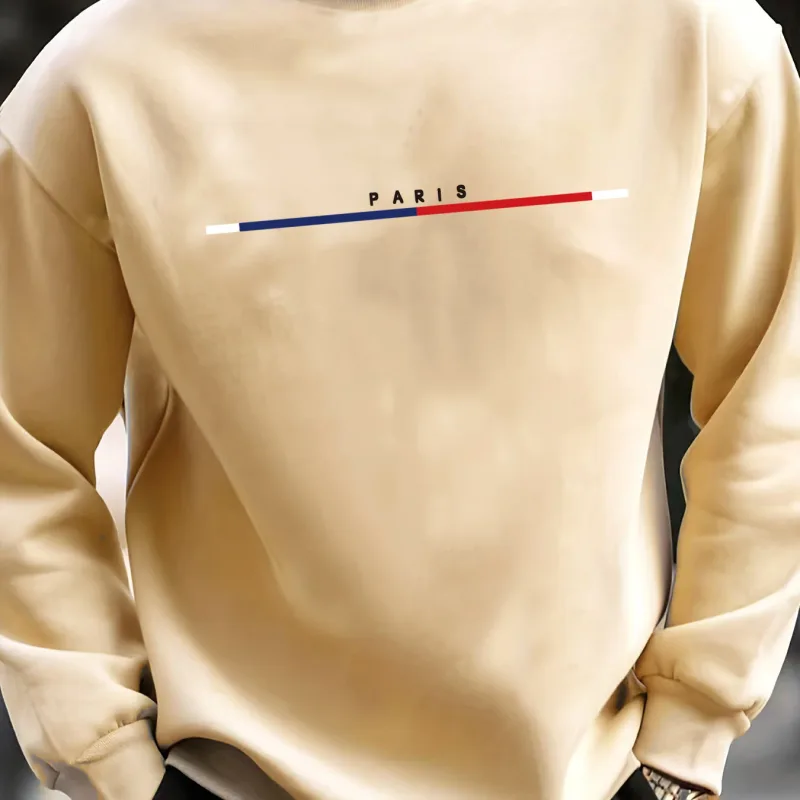 Men's autumn and winter casual sports loose oversized Paris print with fleece warm pullover round neck long sleeved sweatshirt — image 4