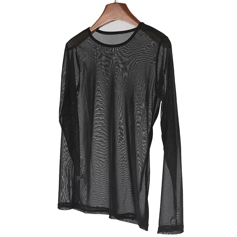 Sexy Women Long Sleeve T-shirt Casual Crew Neck See-through Slim Fit Sheer Tops Tees Y2k Club Streetwear