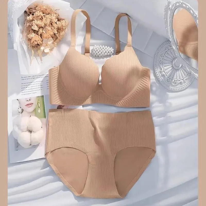 High Quality Thick Padded Wirefree Bra Set Women Seamless Solid Gathering Lingerie Comfort Push Up Effect Perfect for Smaller — image 5