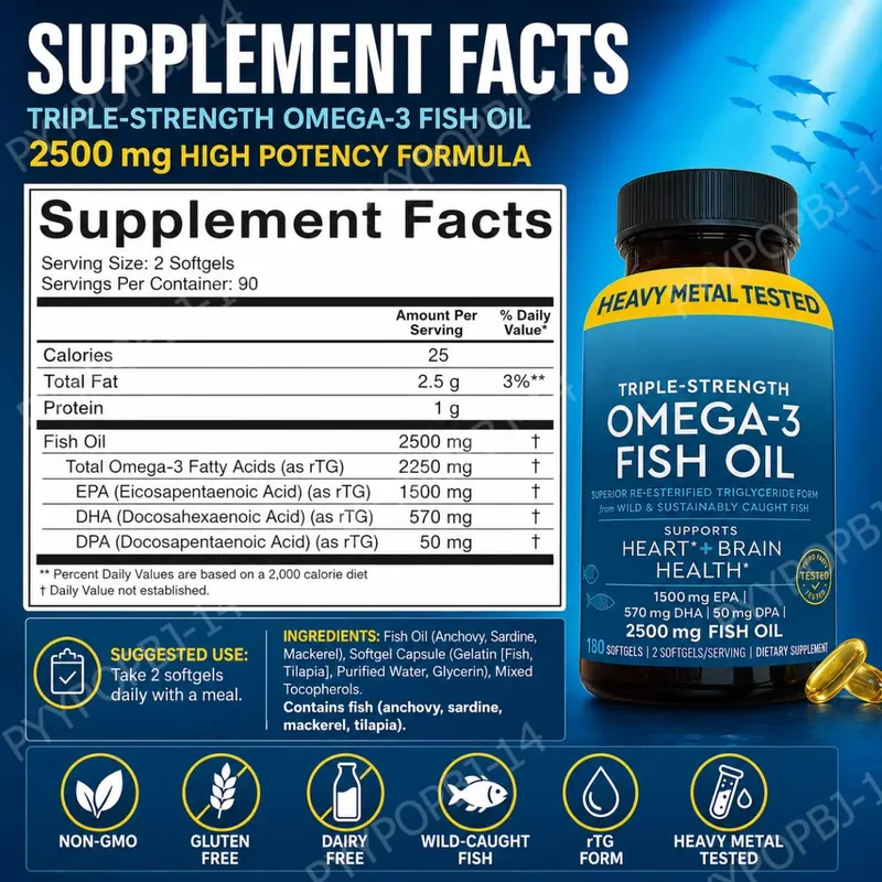 Omega-3 Fish Oil Softgels 2500mg EPA DHA DPA RTG Form 180 Count Non-GMO Gluten Free Daily Wellness Supplement for Adults